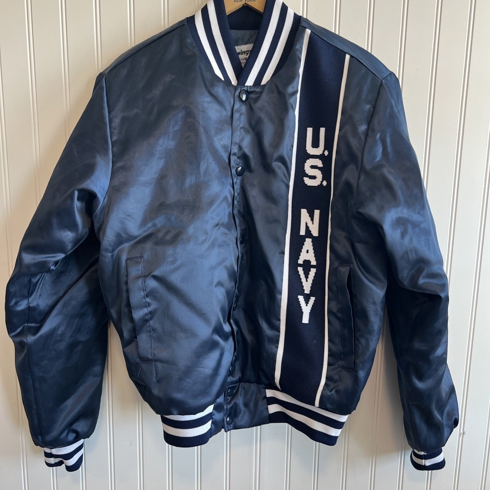 VINTAGE Swingster US Navy Bomber Jacket Size S Blue Satin Military Varsity
